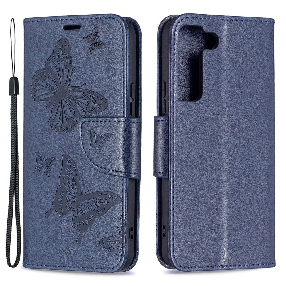Phone Case Imprint Butterfly Pattern Anti-scratch Stylish Handy Strap Wallet Leather Cover with Stand for Samsung Galaxy S22 Plus - Dark Blue-1
