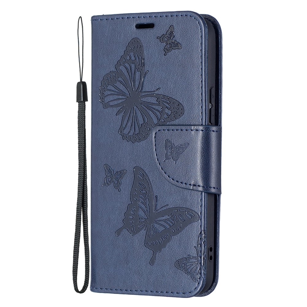 Phone Case Imprint Butterfly Pattern Anti-scratch Stylish Handy Strap Wallet Leather Cover with Stand for Samsung Galaxy S22 Plus - Dark Blue-2
