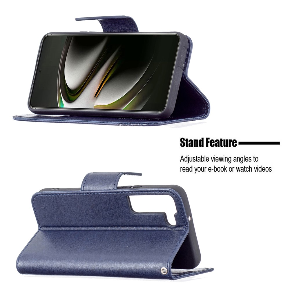 Phone Case Imprint Butterfly Pattern Anti-scratch Stylish Handy Strap Wallet Leather Cover with Stand for Samsung Galaxy S22 Plus - Dark Blue-4