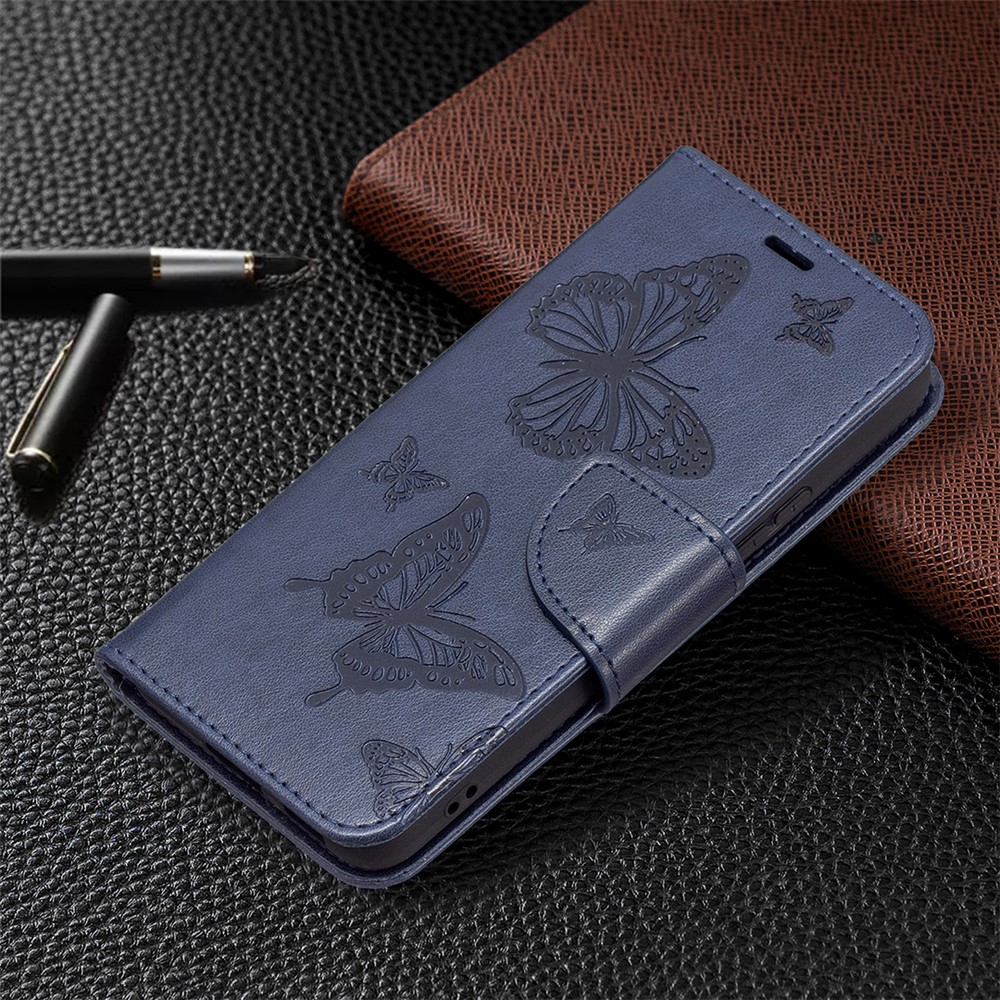 Phone Case Imprint Butterfly Pattern Anti-scratch Stylish Handy Strap Wallet Leather Cover with Stand for Samsung Galaxy S22 Plus - Dark Blue-6