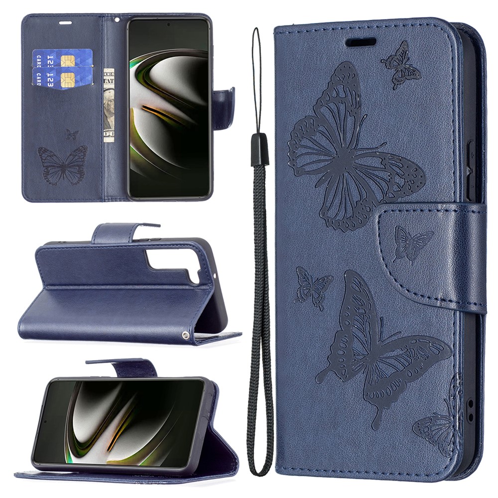 Phone Case Imprint Butterfly Pattern Anti-scratch Stylish Handy Strap Wallet Leather Cover with Stand for Samsung Galaxy S22 Plus - Dark Blue-8