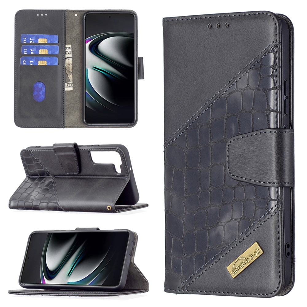 BINFEN COLOR BF04 Crocodile Texture Leather Phone Protector Case Cover with Wallet Stand Feature for Samsung Galaxy S22 Plus - Black-8