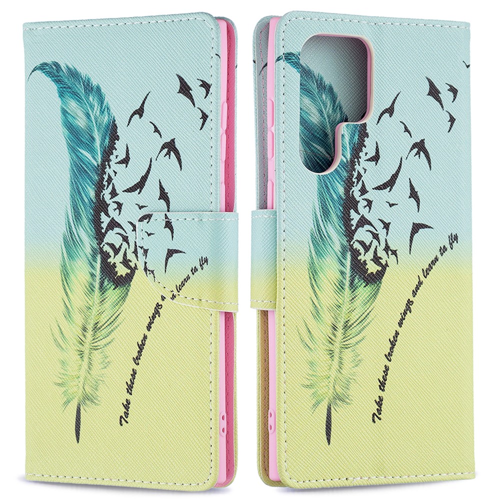 Stand Feature Pattern Printing PU Leather Wallet Case Magnetic Flip Shockproof Protective Cover for Samsung Galaxy S22 Ultra - Feather and Birds-1