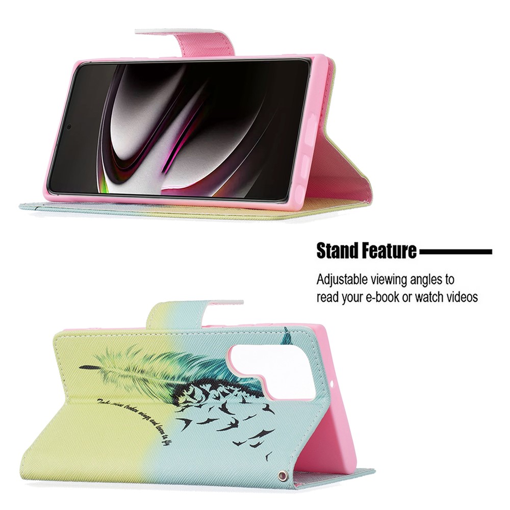 Stand Feature Pattern Printing PU Leather Wallet Case Magnetic Flip Shockproof Protective Cover for Samsung Galaxy S22 Ultra - Feather and Birds-2