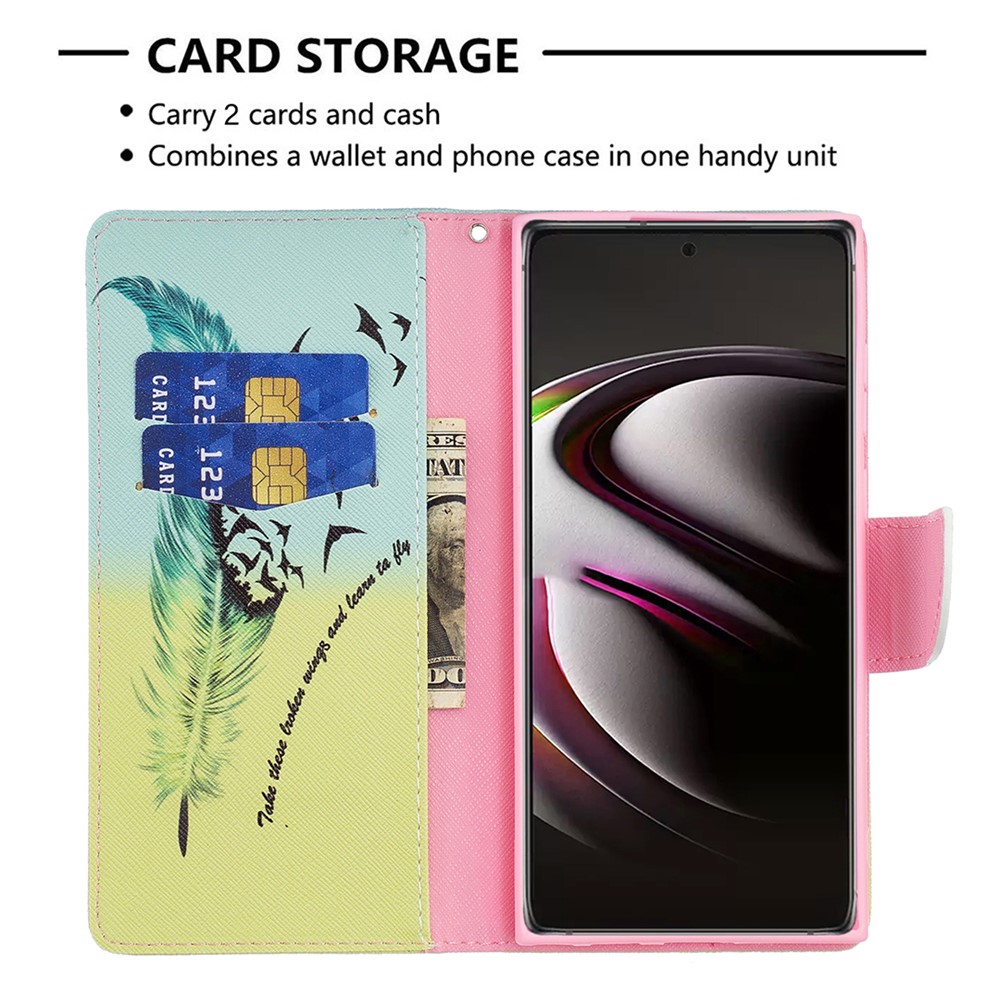 Stand Feature Pattern Printing PU Leather Wallet Case Magnetic Flip Shockproof Protective Cover for Samsung Galaxy S22 Ultra - Feather and Birds-3