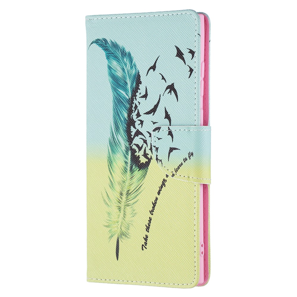 Stand Feature Pattern Printing PU Leather Wallet Case Magnetic Flip Shockproof Protective Cover for Samsung Galaxy S22 Ultra - Feather and Birds-4
