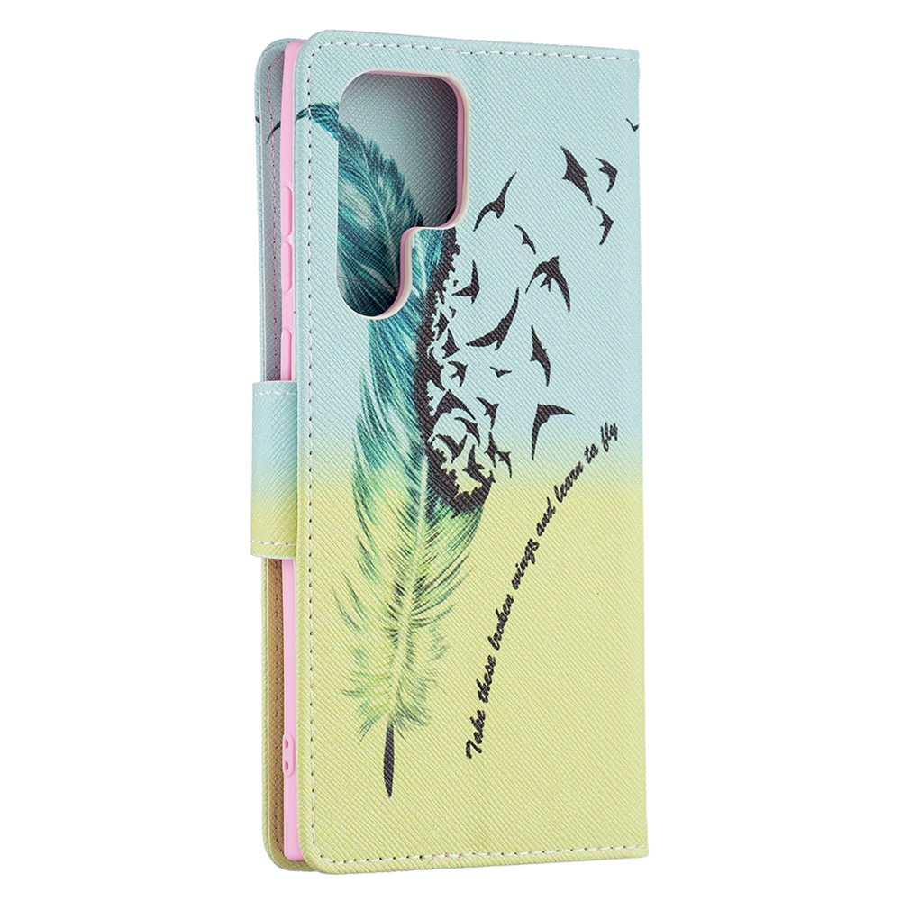 Stand Feature Pattern Printing PU Leather Wallet Case Magnetic Flip Shockproof Protective Cover for Samsung Galaxy S22 Ultra - Feather and Birds-5