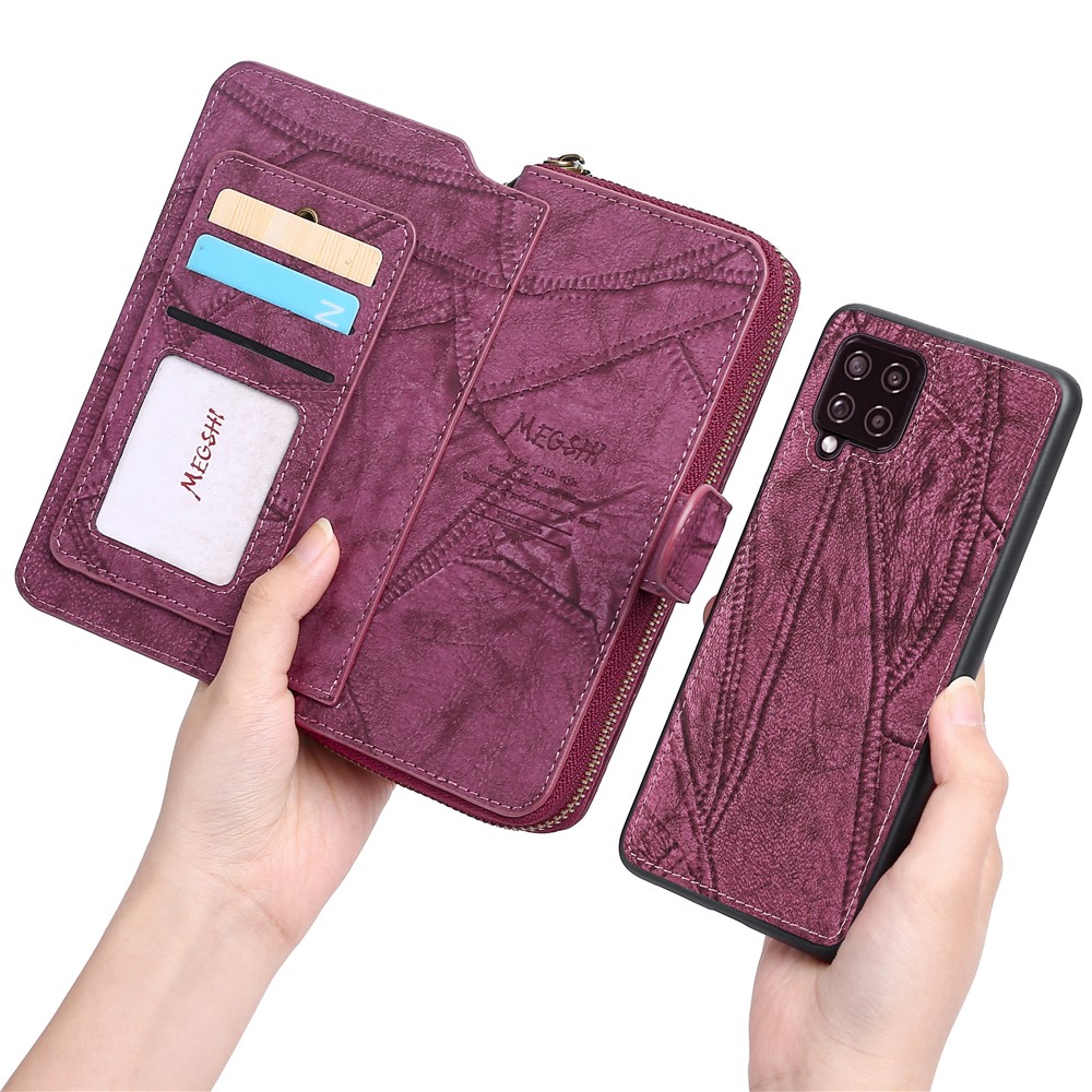 MEGSHI 004 Series PU Leather Zipper Wallet Case Shockproof Stand Vertical Flip Detachable Cover with Strap for Samsung Galaxy A42 5G - Wine Red-1