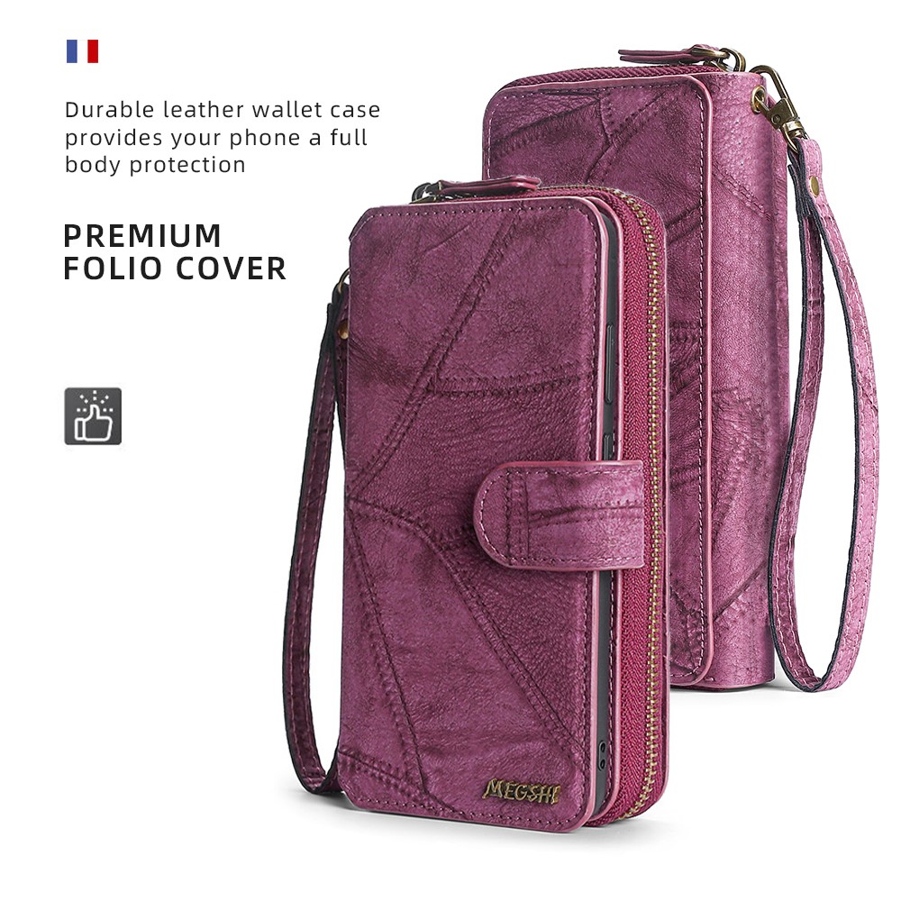 MEGSHI 004 Series PU Leather Zipper Wallet Case Shockproof Stand Vertical Flip Detachable Cover with Strap for Samsung Galaxy A42 5G - Wine Red-3