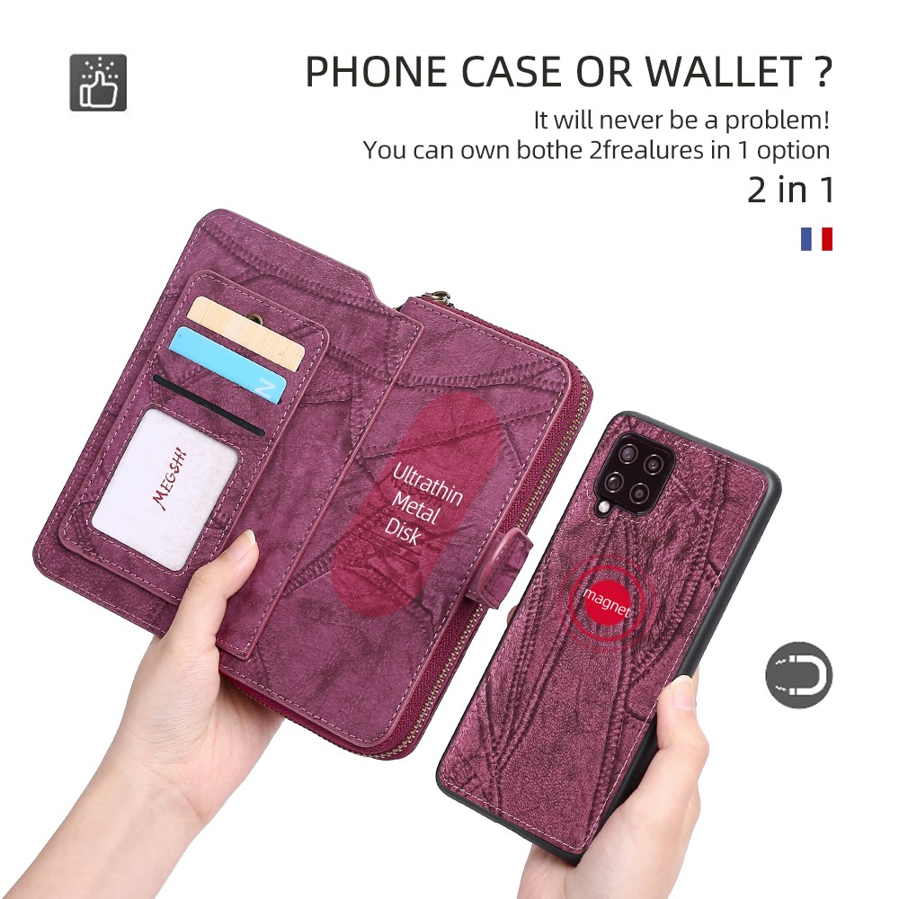 MEGSHI 004 Series PU Leather Zipper Wallet Case Shockproof Stand Vertical Flip Detachable Cover with Strap for Samsung Galaxy A42 5G - Wine Red-5