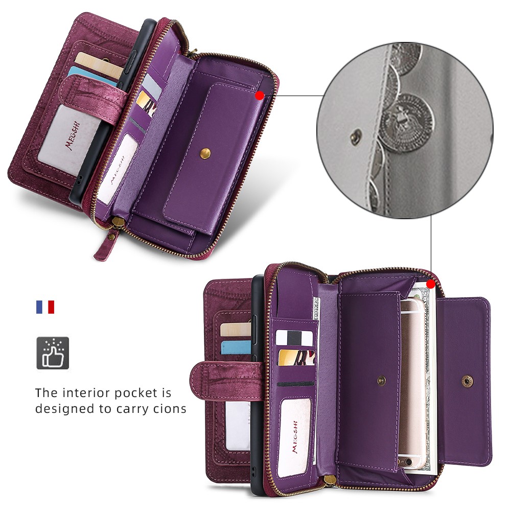 MEGSHI 004 Series PU Leather Zipper Wallet Case Shockproof Stand Vertical Flip Detachable Cover with Strap for Samsung Galaxy A42 5G - Wine Red-6