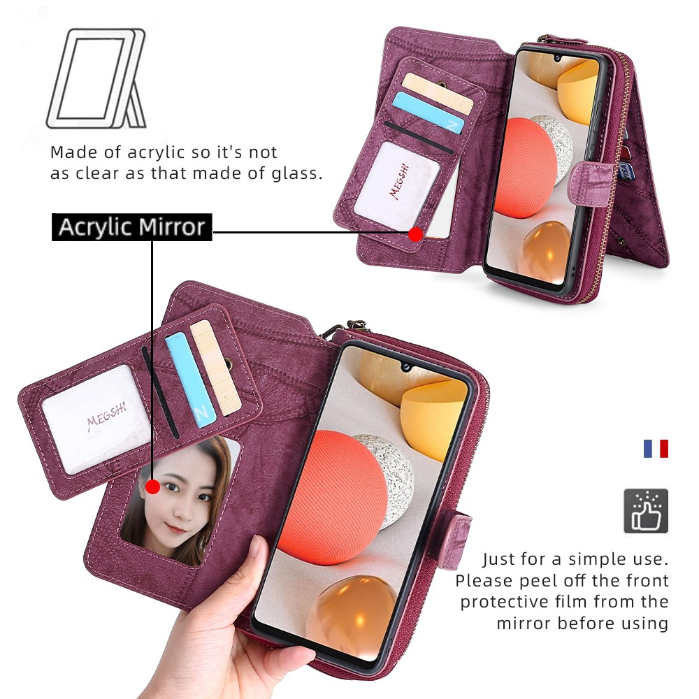 MEGSHI 004 Series PU Leather Zipper Wallet Case Shockproof Stand Vertical Flip Detachable Cover with Strap for Samsung Galaxy A42 5G - Wine Red-7