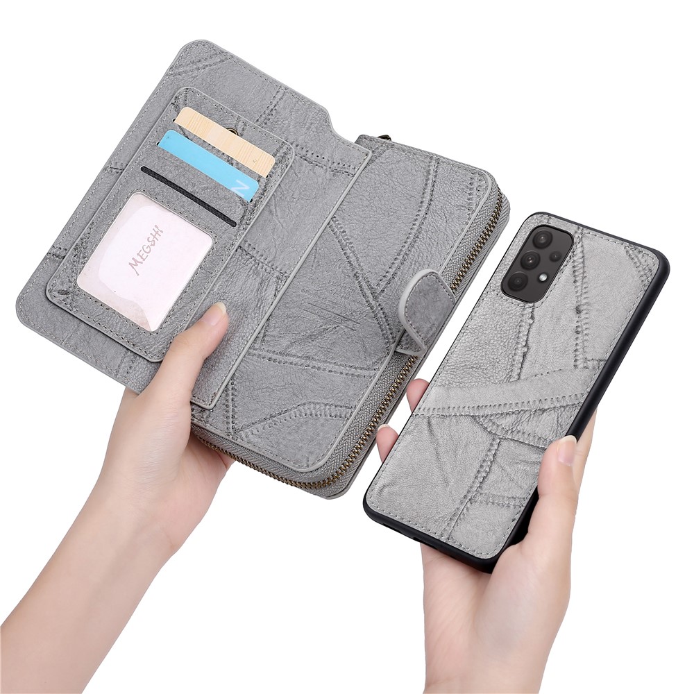 MEGSHI 004 Series PU Leather Zipper Wallet Case Detachable Change Coin Pocket Stand Flip Cover with Strap for Samsung Galaxy A32 5G - Grey-1