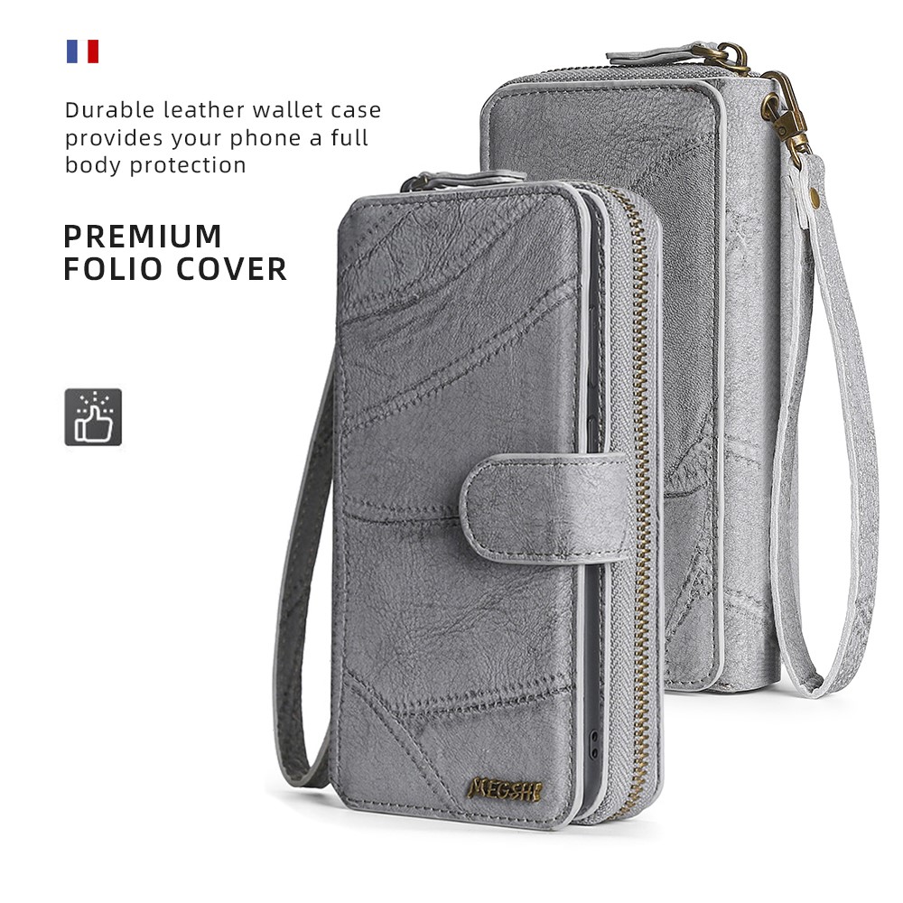 MEGSHI 004 Series PU Leather Zipper Wallet Case Detachable Change Coin Pocket Stand Flip Cover with Strap for Samsung Galaxy A32 5G - Grey-3