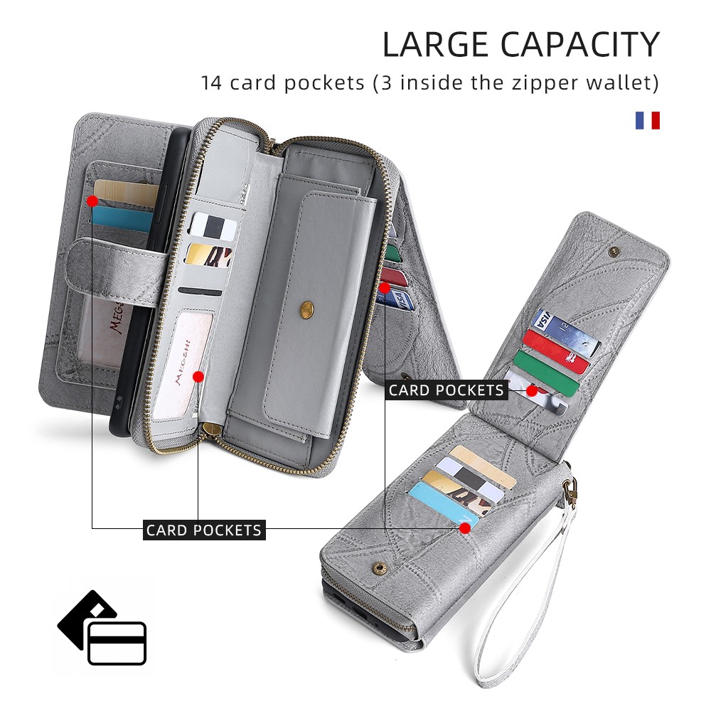 MEGSHI 004 Series PU Leather Zipper Wallet Case Detachable Change Coin Pocket Stand Flip Cover with Strap for Samsung Galaxy A32 5G - Grey-4