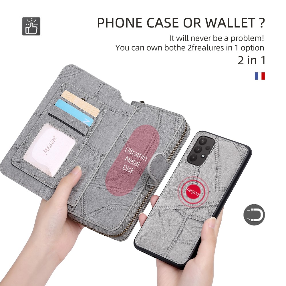 MEGSHI 004 Series PU Leather Zipper Wallet Case Detachable Change Coin Pocket Stand Flip Cover with Strap for Samsung Galaxy A32 5G - Grey-5