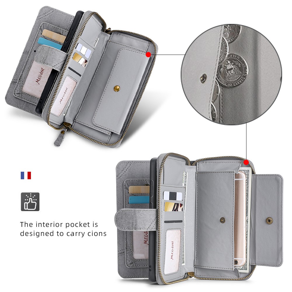 MEGSHI 004 Series PU Leather Zipper Wallet Case Detachable Change Coin Pocket Stand Flip Cover with Strap for Samsung Galaxy A32 5G - Grey-6