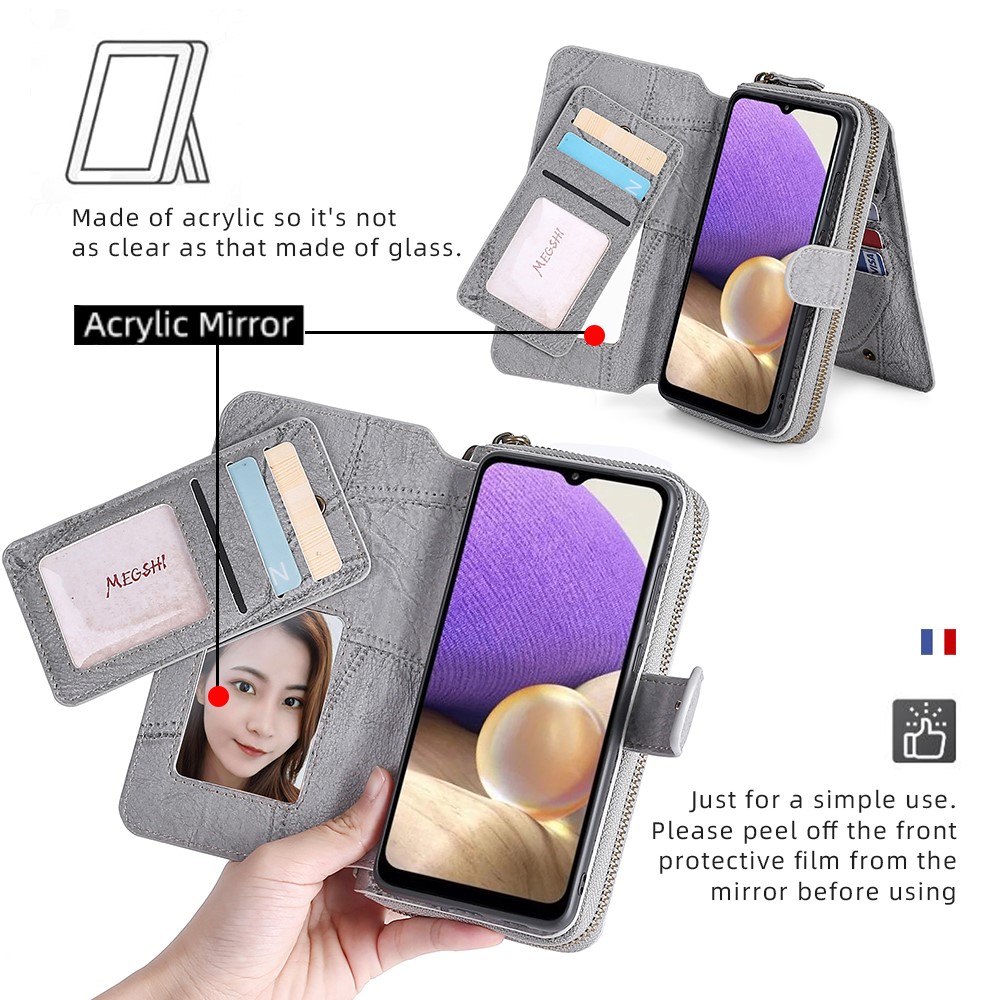 MEGSHI 004 Series PU Leather Zipper Wallet Case Detachable Change Coin Pocket Stand Flip Cover with Strap for Samsung Galaxy A32 5G - Grey-7