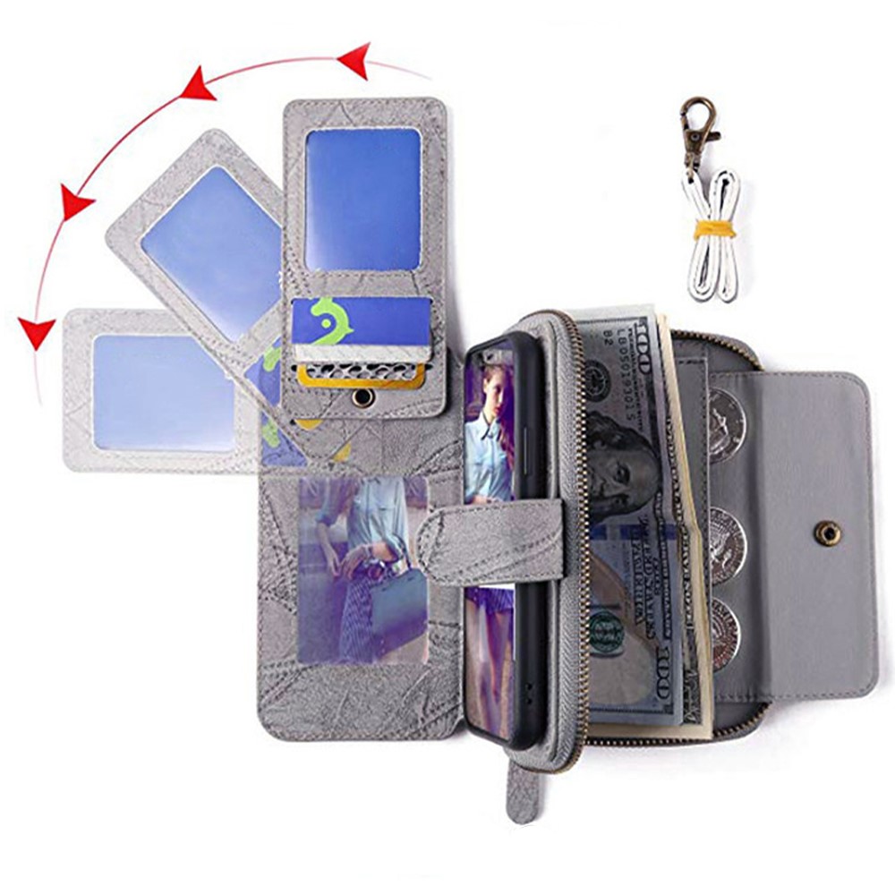 MEGSHI 004 Series PU Leather Zipper Wallet Case Detachable Change Coin Pocket Stand Flip Cover with Strap for Samsung Galaxy A32 5G - Grey-8