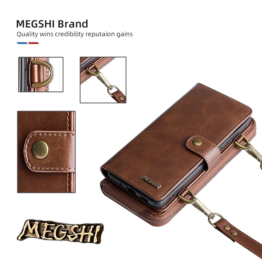MEGSHI 020 Series PU Leather Wallet Case Magnetic Detachable Flip Folio Cover with Shoulder Strap for Samsung Galaxy S20 Plus 4G/5G - Brown-2