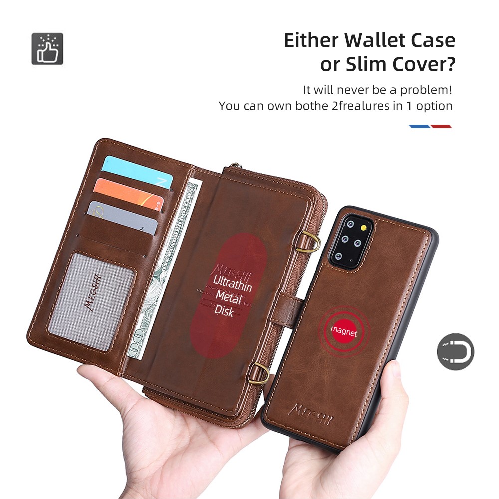 MEGSHI 020 Series PU Leather Wallet Case Magnetic Detachable Flip Folio Cover with Shoulder Strap for Samsung Galaxy S20 Plus 4G/5G - Brown-3