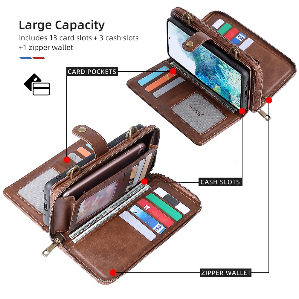 MEGSHI 020 Series PU Leather Wallet Case Magnetic Detachable Flip Folio Cover with Shoulder Strap for Samsung Galaxy S20 Plus 4G/5G - Brown-4