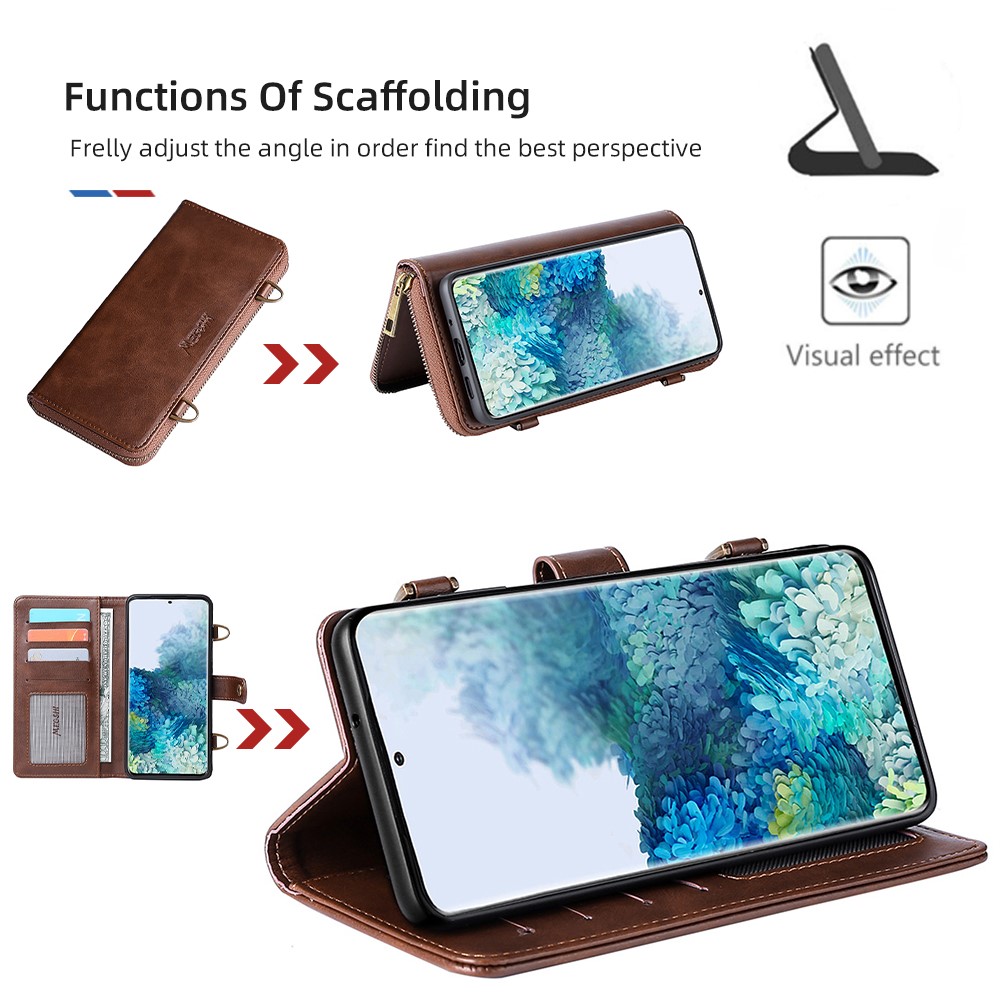 MEGSHI 020 Series PU Leather Wallet Case Magnetic Detachable Flip Folio Cover with Shoulder Strap for Samsung Galaxy S20 Plus 4G/5G - Brown-5