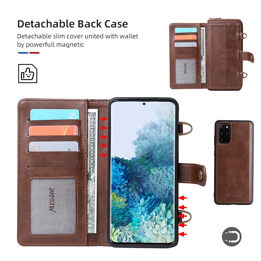 MEGSHI 020 Series PU Leather Wallet Case Magnetic Detachable Flip Folio Cover with Shoulder Strap for Samsung Galaxy S20 Plus 4G/5G - Brown-6