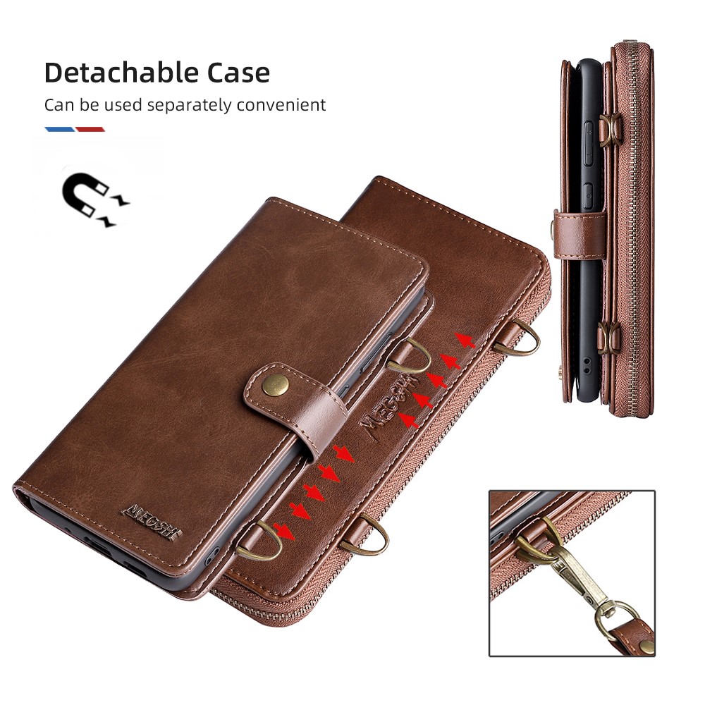 MEGSHI 020 Series PU Leather Wallet Case Magnetic Detachable Flip Folio Cover with Shoulder Strap for Samsung Galaxy S20 Plus 4G/5G - Brown-7