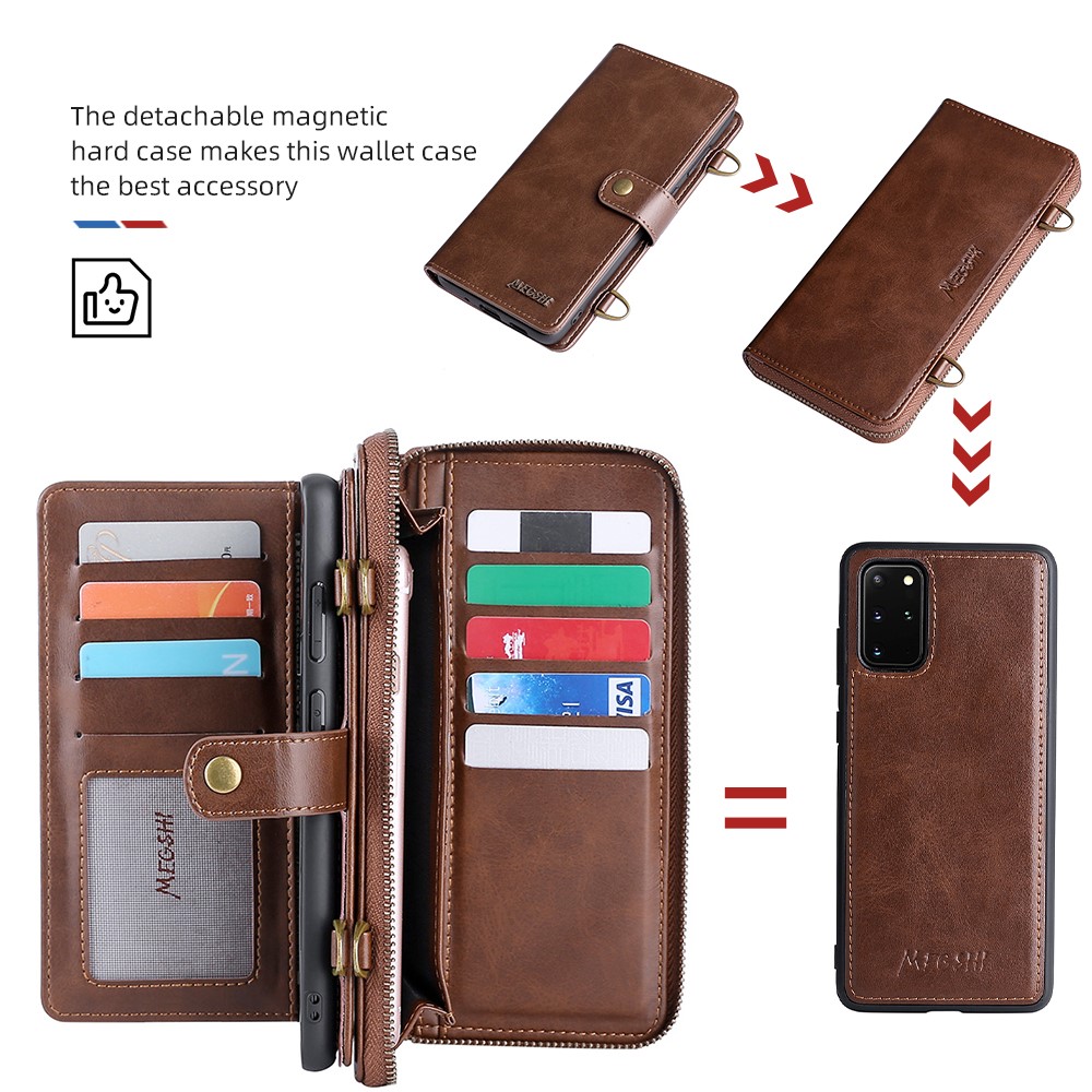 MEGSHI 020 Series PU Leather Wallet Case Magnetic Detachable Flip Folio Cover with Shoulder Strap for Samsung Galaxy S20 Plus 4G/5G - Brown-9