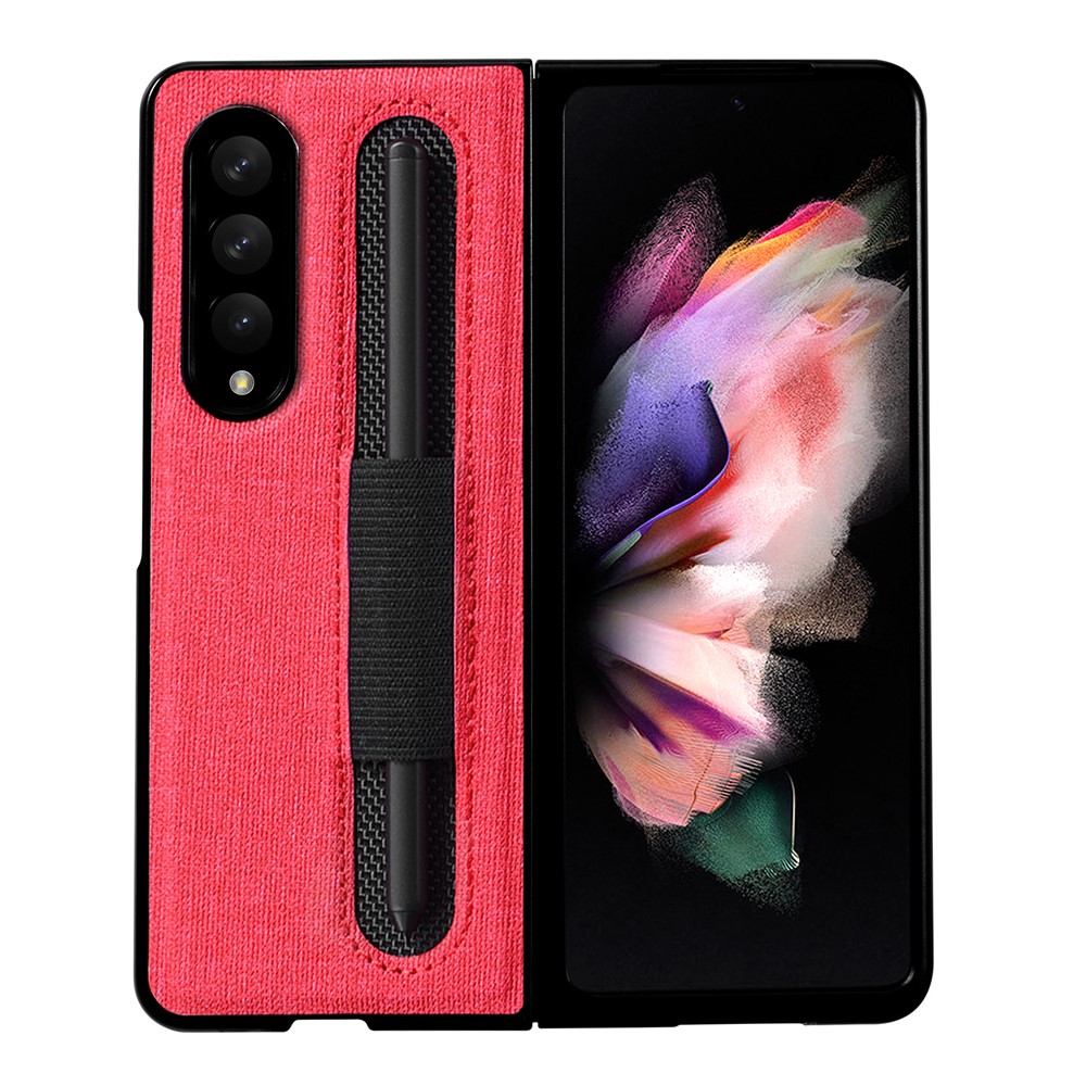 For Samsung Galaxy Z Fold3 5G Cloth Texture Anti-fingerprint Stylus Pen Slots Design PC+Leather Phone Case Shell - Red-1