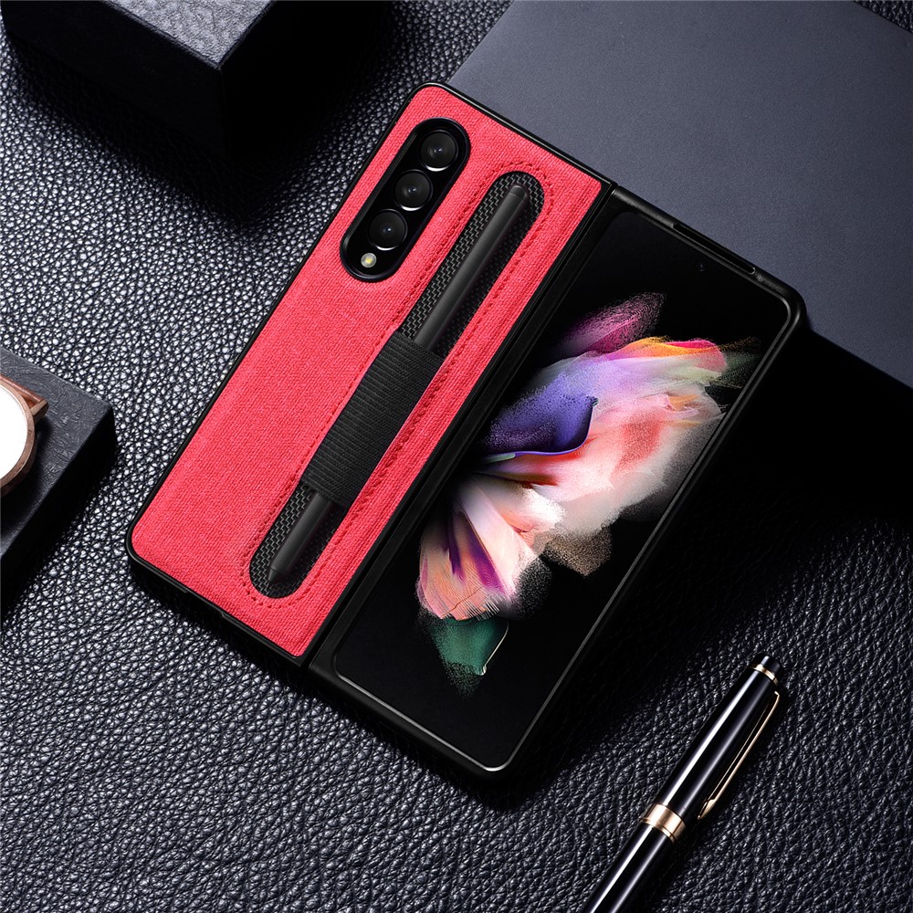 For Samsung Galaxy Z Fold3 5G Cloth Texture Anti-fingerprint Stylus Pen Slots Design PC+Leather Phone Case Shell - Red-4