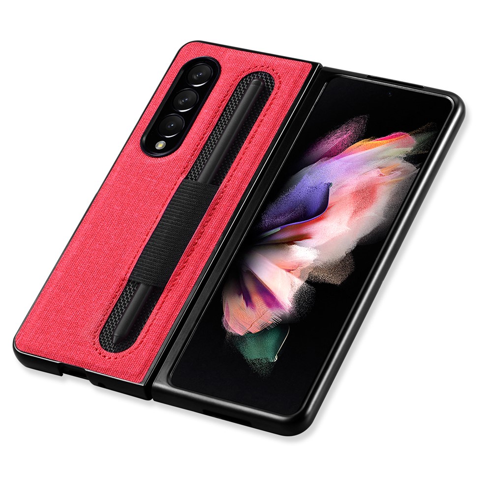 For Samsung Galaxy Z Fold3 5G Cloth Texture Anti-fingerprint Stylus Pen Slots Design PC+Leather Phone Case Shell - Red-5