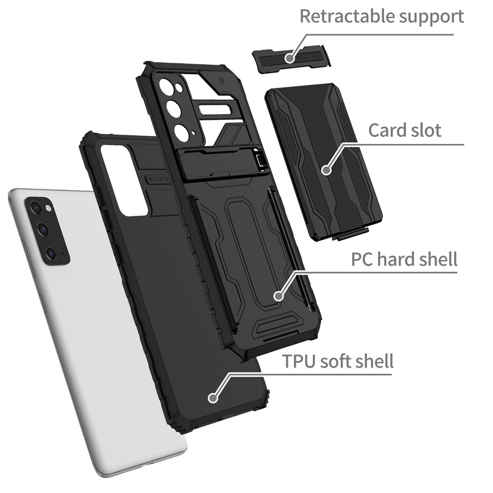 Detachable Card Slot Design PC + TPU Phone Hybrid Case Shell with Kickstand for Samsung Galaxy S20 FE - Black-3