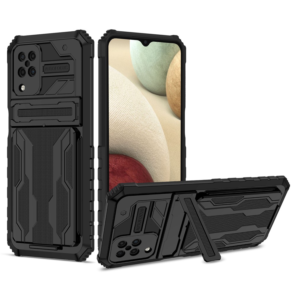Detachable Card Slot Design PC + TPU Phone Scratch-resistant Drop-proof Hybrid Case with Kickstand for Samsung Galaxy A12 - Black-1