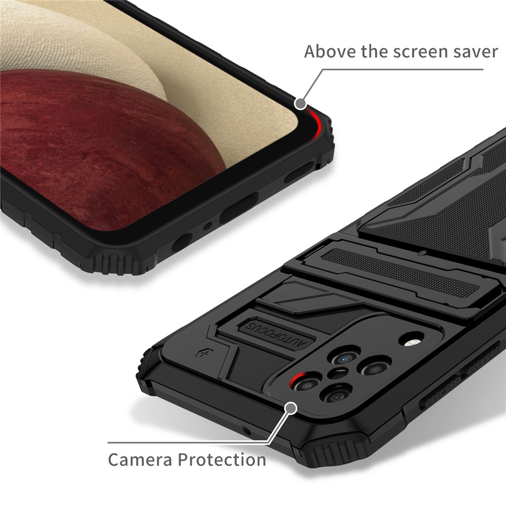 Detachable Card Slot Design PC + TPU Phone Scratch-resistant Drop-proof Hybrid Case with Kickstand for Samsung Galaxy A12 - Black-4