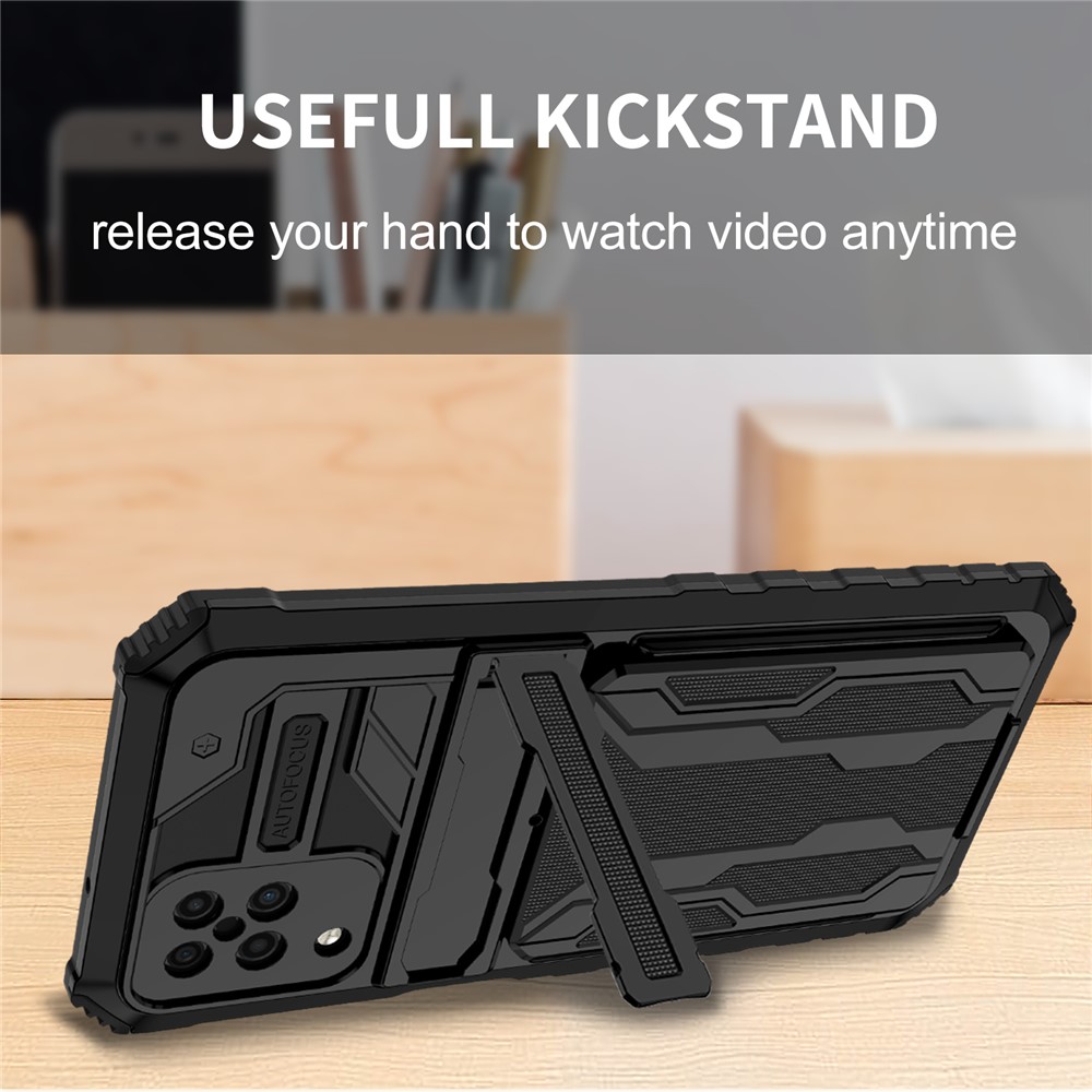 Detachable Card Slot Design PC + TPU Phone Scratch-resistant Drop-proof Hybrid Case with Kickstand for Samsung Galaxy A12 - Black-7
