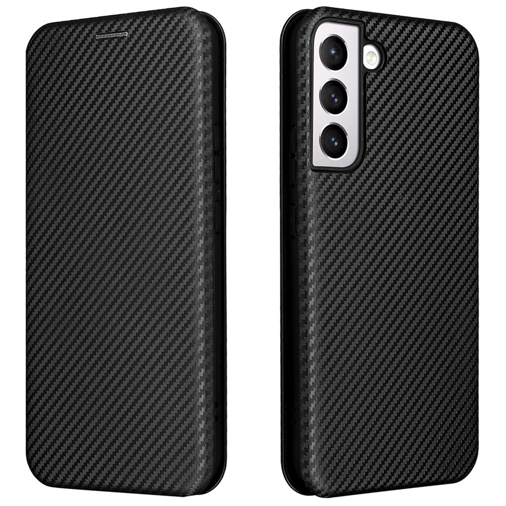 Carbon Fiber Texture PU Leather Phone Case Auto-absorbed Magnetic Closure Stand Flip Cover with Ring Strap for Samsung Galaxy S22 Plus - Black-1