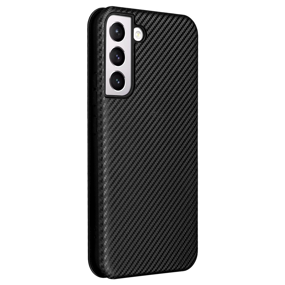 Carbon Fiber Texture PU Leather Phone Case Auto-absorbed Magnetic Closure Stand Flip Cover with Ring Strap for Samsung Galaxy S22 Plus - Black-3