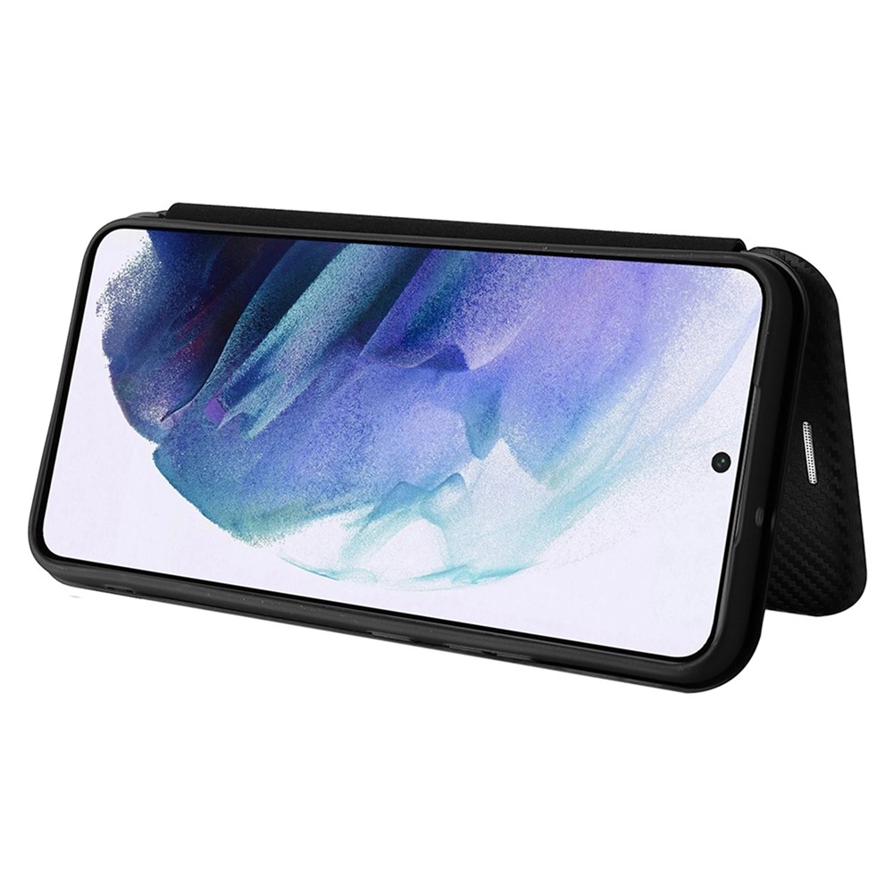 Carbon Fiber Texture PU Leather Phone Case Auto-absorbed Magnetic Closure Stand Flip Cover with Ring Strap for Samsung Galaxy S22 Plus - Black-4