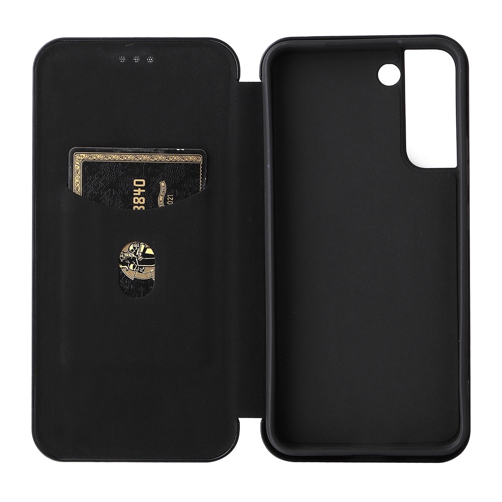 Carbon Fiber Texture PU Leather Phone Case Auto-absorbed Magnetic Closure Stand Flip Cover with Ring Strap for Samsung Galaxy S22 Plus - Black-5