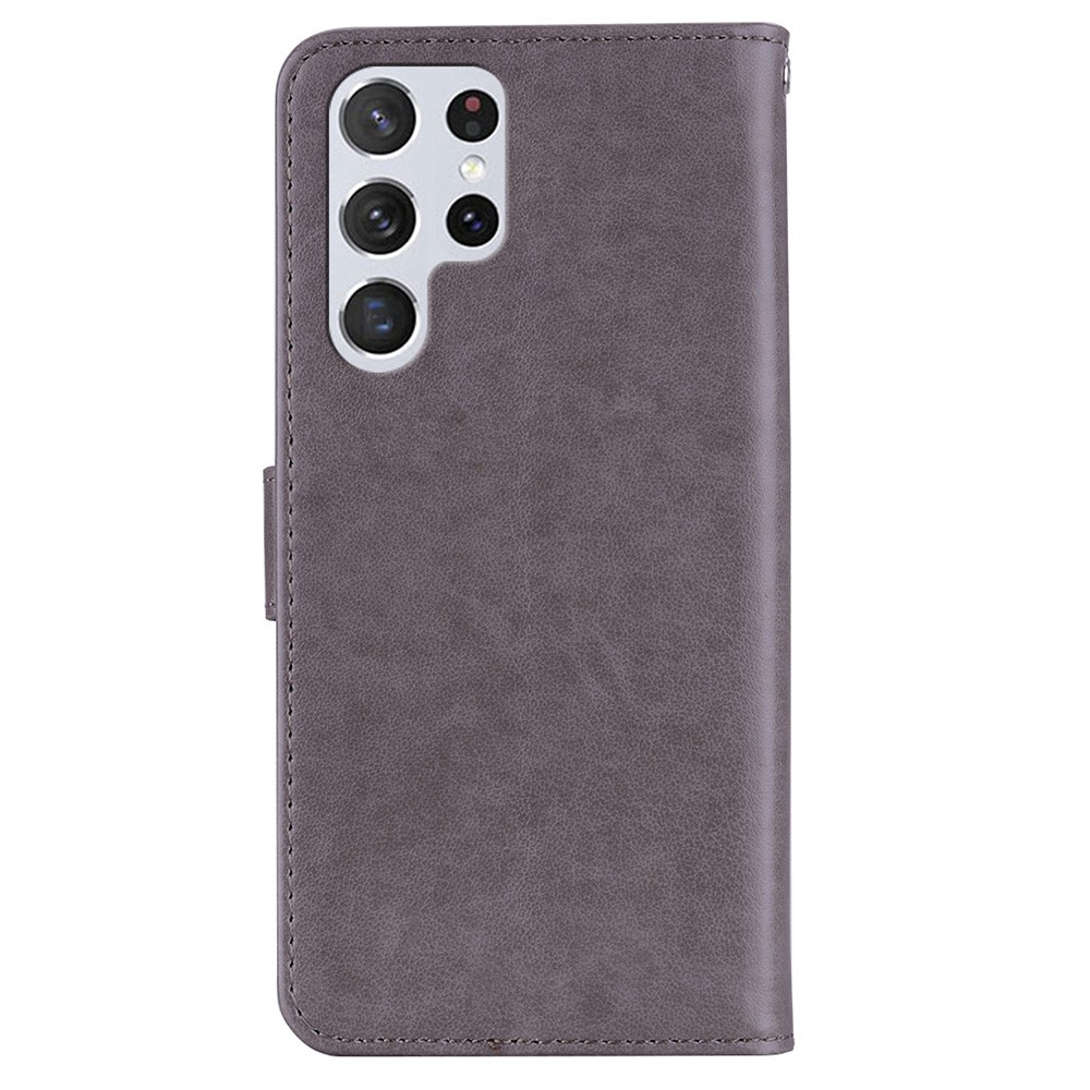 Owl Flower Pattern Imprinted Leather Wallet Case Stand Flip Rhinestone Decor Phone Cover with Strap for Samsung Galaxy S22 Ultra - Grey-3