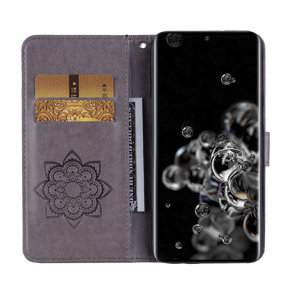 Owl Flower Pattern Imprinted Leather Wallet Case Stand Flip Rhinestone Decor Phone Cover with Strap for Samsung Galaxy S22 Ultra - Grey-5