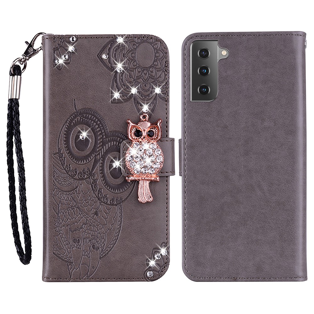 Fashion Rhinestone Decor PU Leather Phone Case Wallet Stand Flip Owl Flower Pattern Imprinted Cover with Strap for Samsung Galaxy S22 Plus - Grey-1