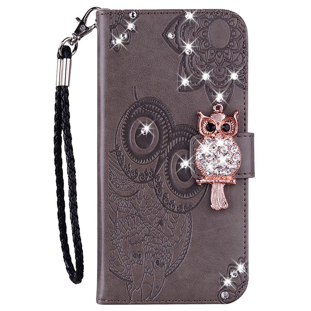 Fashion Rhinestone Decor PU Leather Phone Case Wallet Stand Flip Owl Flower Pattern Imprinted Cover with Strap for Samsung Galaxy S22 Plus - Grey-2