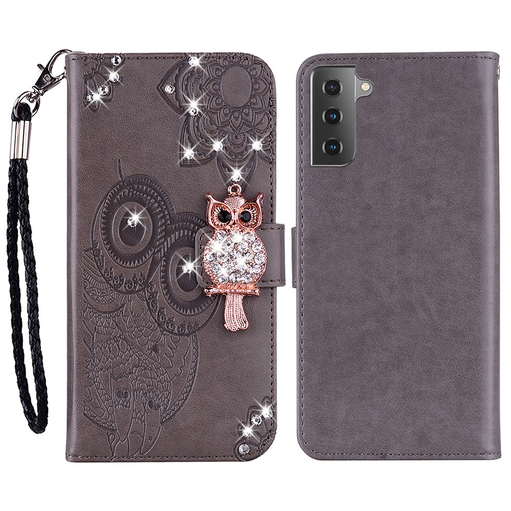 Owl Flower Imprinted Design PU Leather Wallet Stand Flip Case with Rhinestone Decor and Strap for Samsung Galaxy S22 - Grey-1