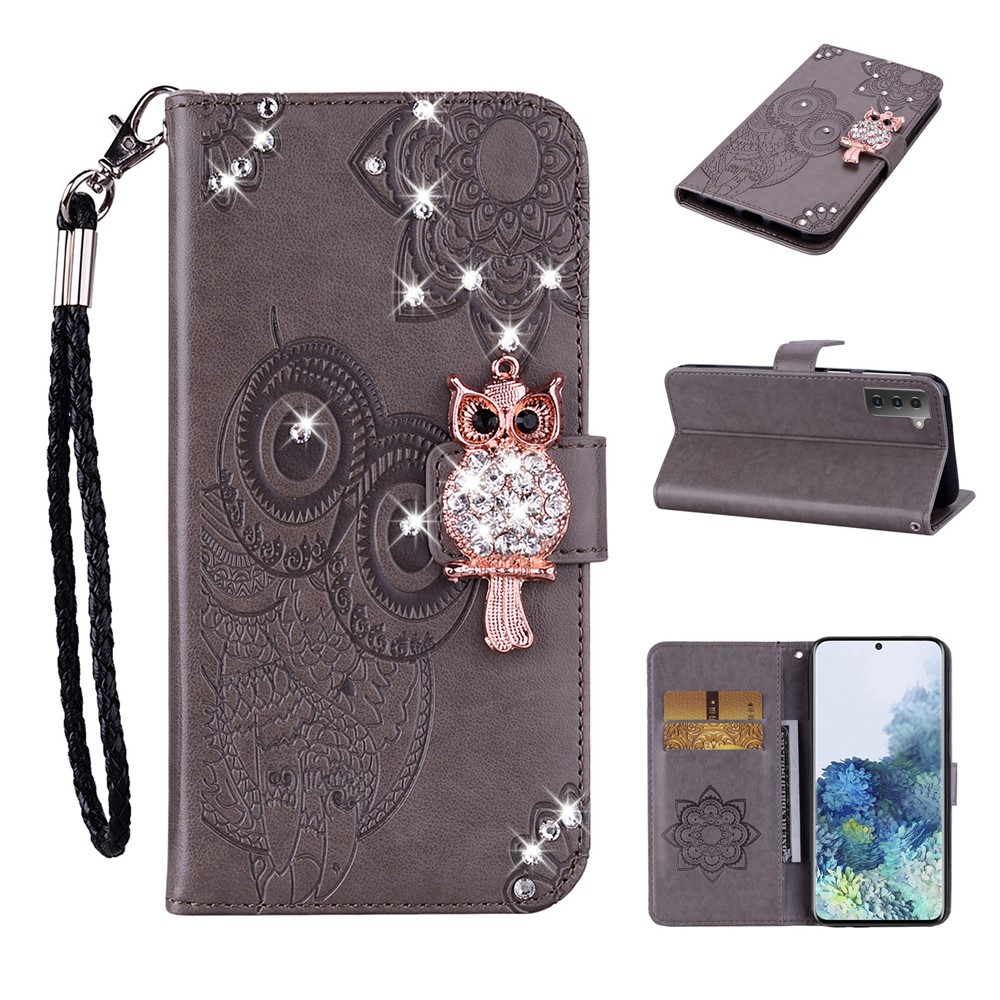 Owl Flower Imprinted Design PU Leather Wallet Stand Flip Case with Rhinestone Decor and Strap for Samsung Galaxy S22 - Grey-8