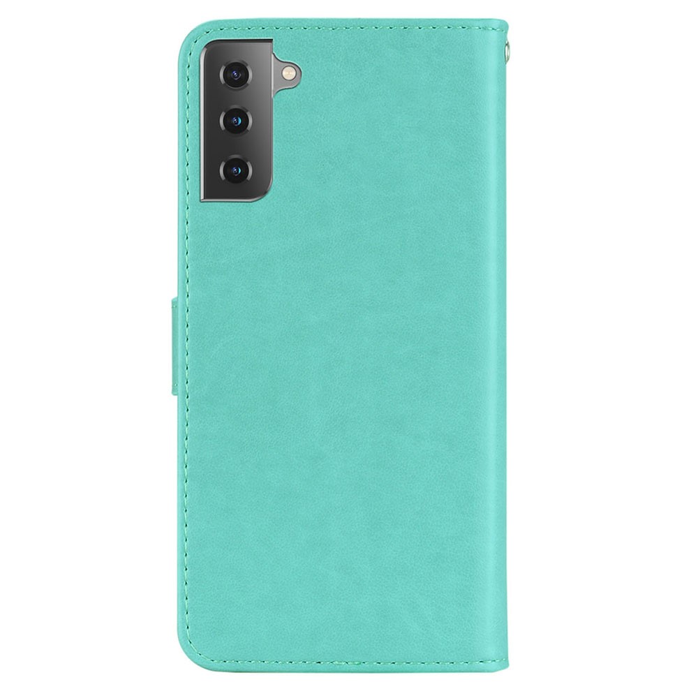 Owl Flower Pattern Imprinted PU Leather Wallet Stand All-Inclusive Protective Case with Strap for Samsung Galaxy S22 - Cyan-3