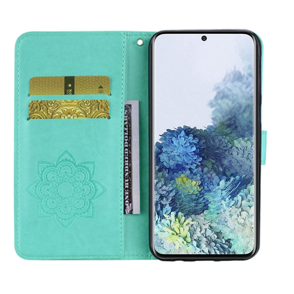 Owl Flower Pattern Imprinted PU Leather Wallet Flip Book Stand Cover with Strap for Samsung Galaxy S22 Plus - Cyan-5