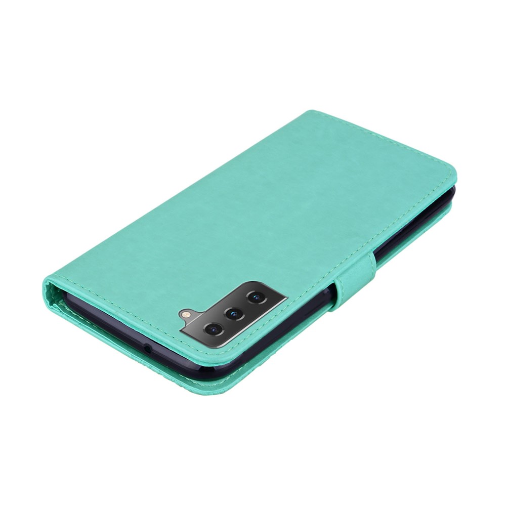 Owl Flower Pattern Imprinted PU Leather Wallet Flip Book Stand Cover with Strap for Samsung Galaxy S22 Plus - Cyan-7